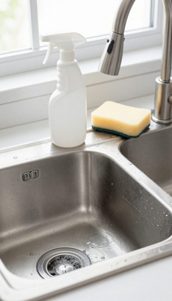 Stainless steel kitchen sink with baking soda and vinegar cleaning supplies