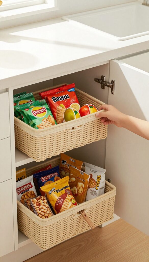 Lower kitchen cabinet with pull-out bins organized as a snack station for kids, with woven baskets and colorful snacks visible.
