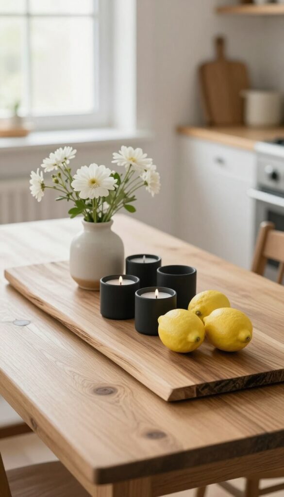 Low centerpiece on a wooden dining table with flowers, candles, and lemons in natural light