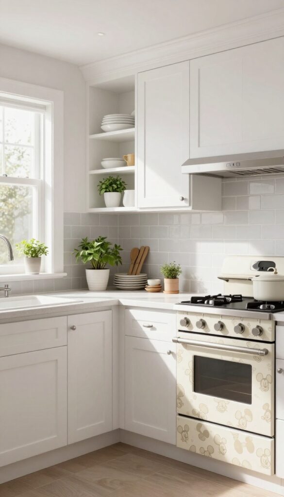 Bright kitchen with subtle Mickey Mouse silhouette wallpaper behind stove, open shelving, and natural light