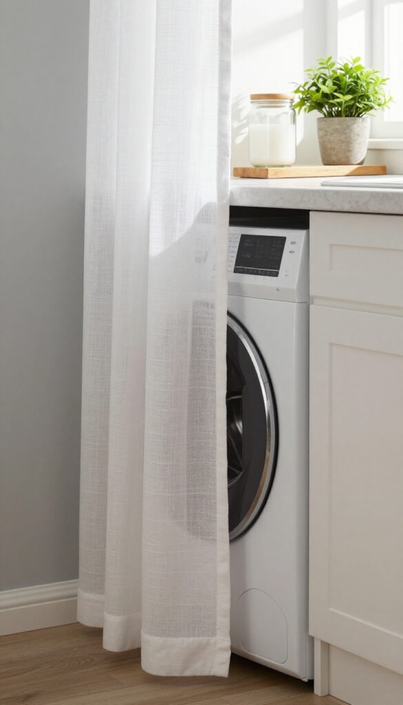 Kitchen laundry area concealed by a white linen curtain on a tension rod, with washer and dryer in alcove.