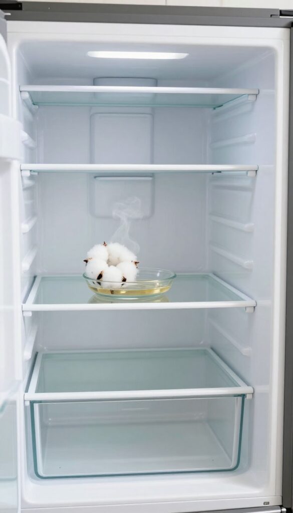 A small dish with a vanilla-soaked cotton ball inside a clean fridge, emitting a gentle aroma.