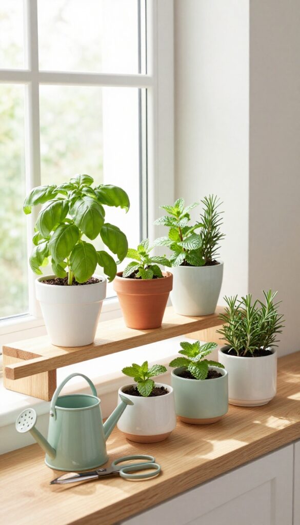 Window sill herb garden with terracotta and ceramic pots on a narrow shelf, natural light, kitchen setting