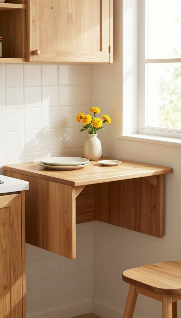 Fold-down table in a small Indian kitchen with stools and flowers