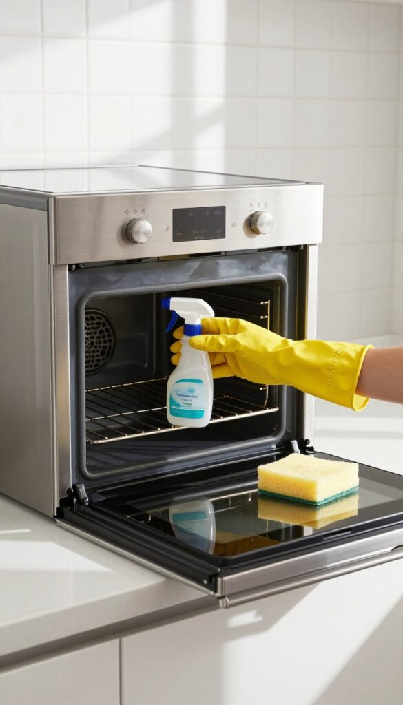 Oven cleaner spray bottle on oven rack with rubber gloves and sponge, bright kitchen light