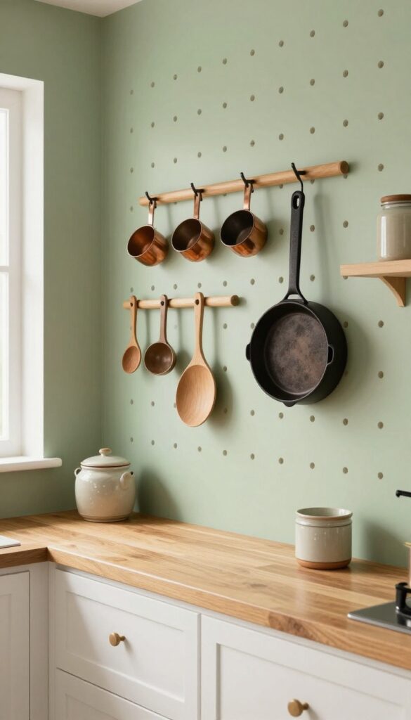 Butler's pantry with a sage green pegboard wall holding hanging cooking tools and a small shelf.