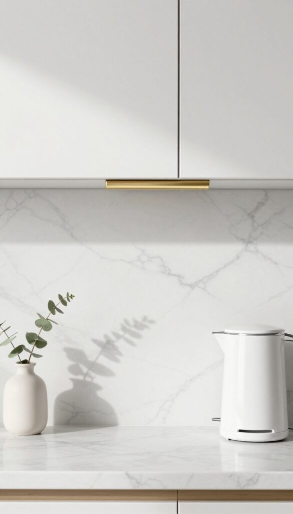 White marble slab backsplash with hidden outlet strip, clean and bright kitchen detail