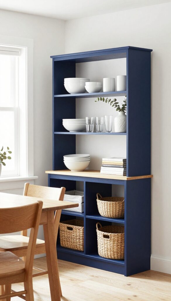 A navy blue bookshelf used as a dining hutch with dishes, glassware, and baskets, next to a wooden dining table.