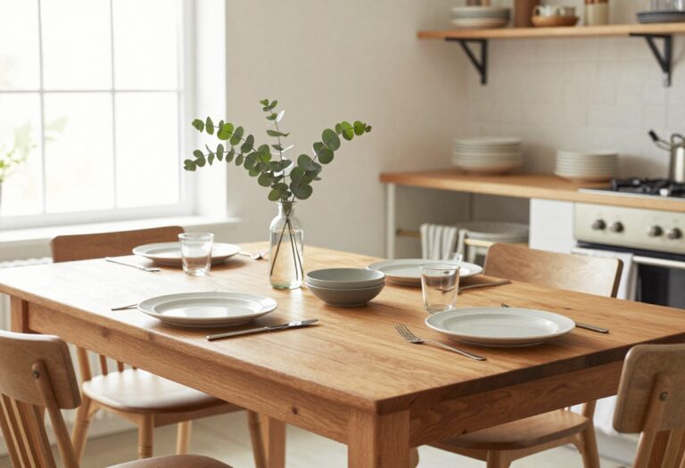 Cozy kitchen dining table with striped runner, mismatched plates, and eucalyptus centerpiece in natural light