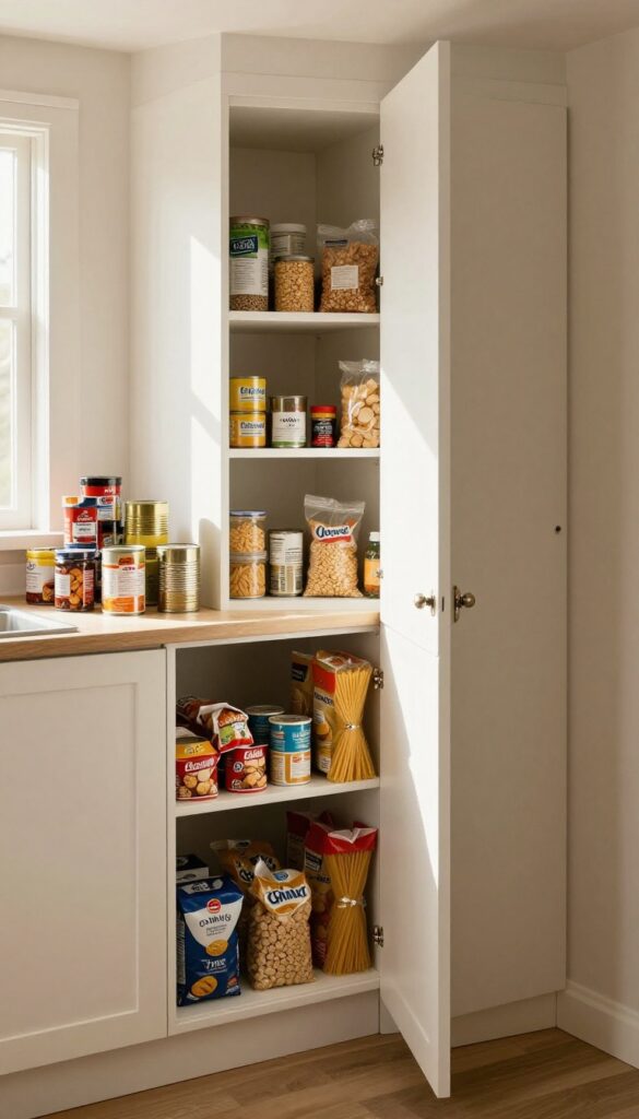 A kitchen counter with food items sorted into groups, including canned goods, pasta bags, and snacks, with an empty pantry in the background.