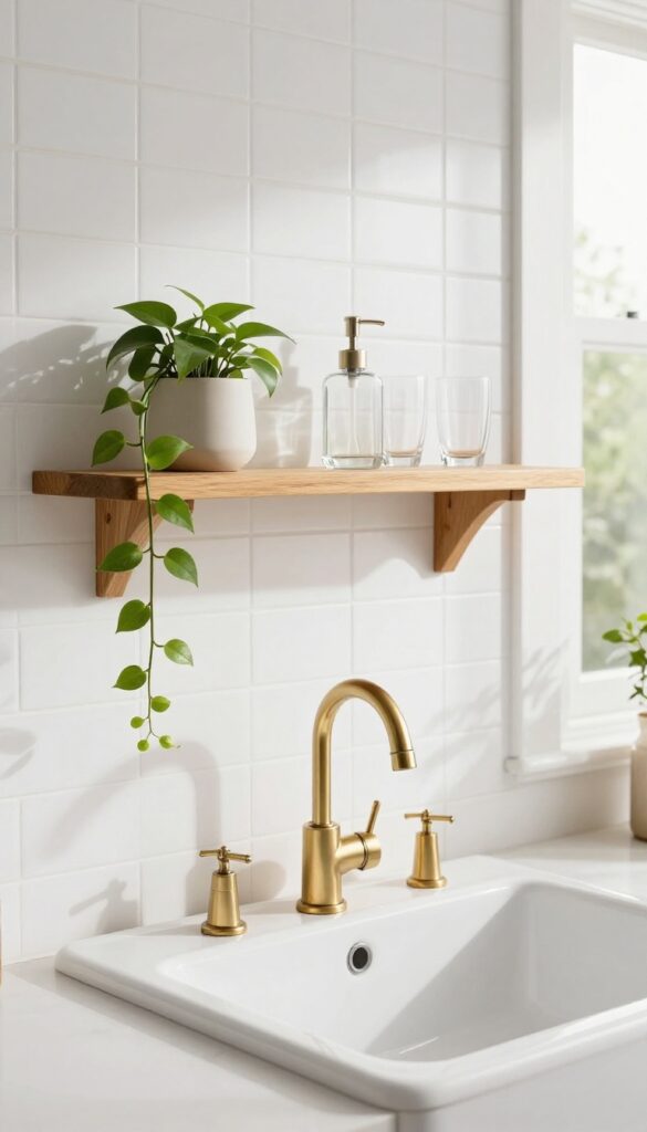 A slim floating shelf above a kitchen sink with a plant, soap dispenser, and glasses, styled minimally on a white tile backsplash.