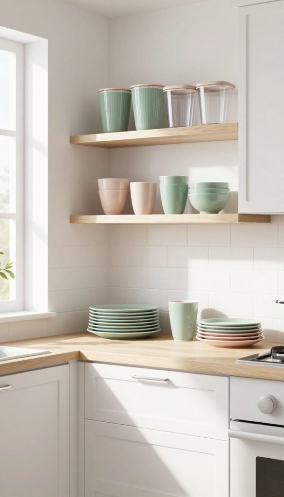 Low open shelves in a modern kitchen with clear bins and pastel accents for toddler access