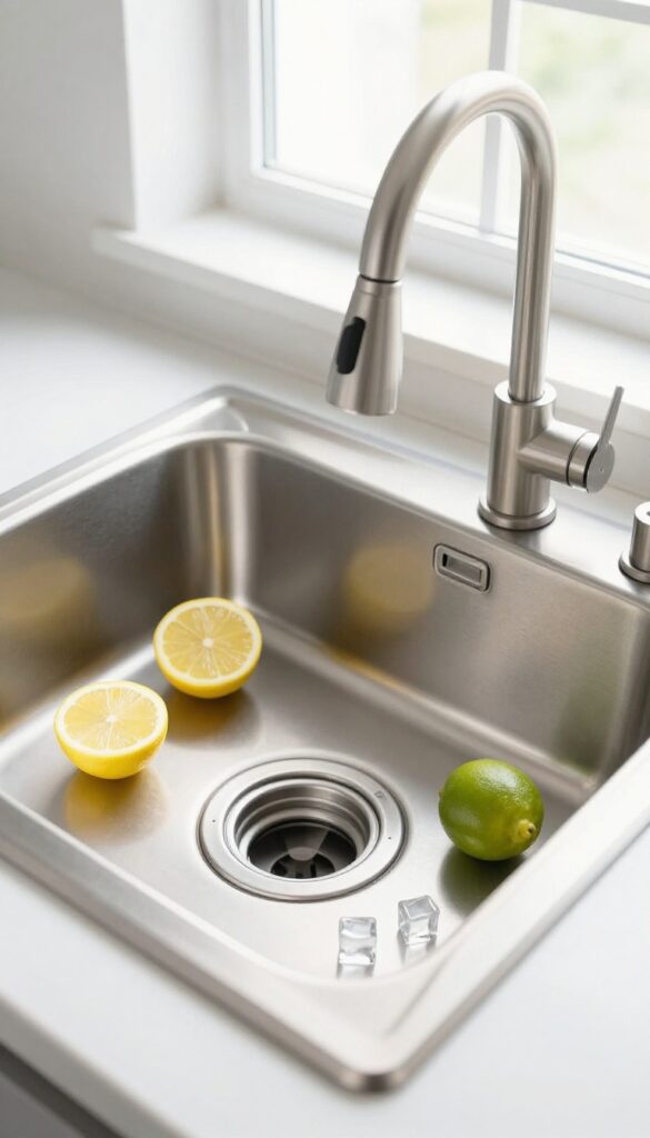 Lemon and lime wedges in a kitchen sink near a garbage disposal opening
