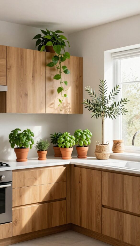 Bright kitchen with oak cabinets, potted herbs on counter, trailing pothos on cabinet, and olive tree in corner
