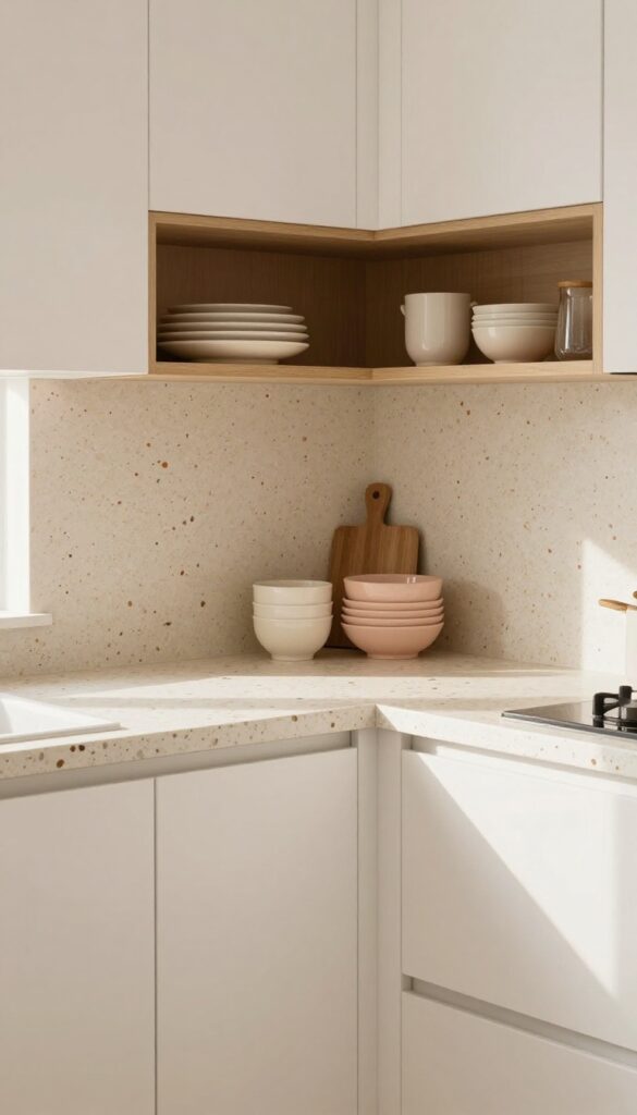 Cozy kitchen with terrazzo counter and backsplash in warm cream with subtle flecks, open shelving, and natural light