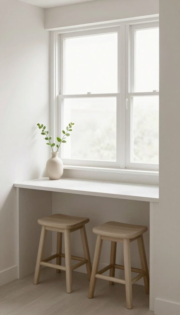 Minimalist breakfast bar in a bay window with two stools, white quartz countertop, and a small vase of greenery.