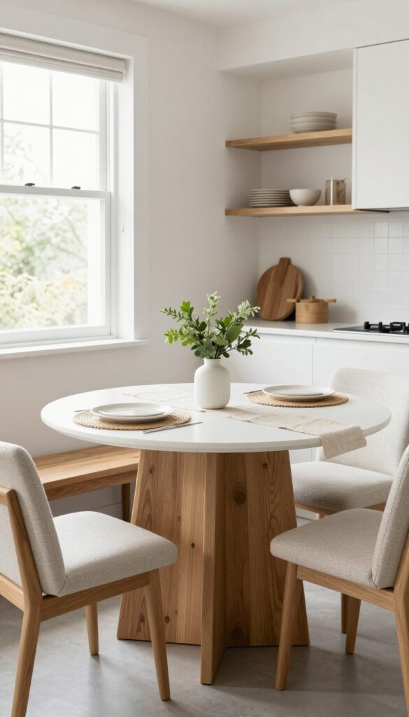 Two-tone round kitchen table with white top and wood base, bench and chairs, linen runner, and greenery in a bright breakfast nook.