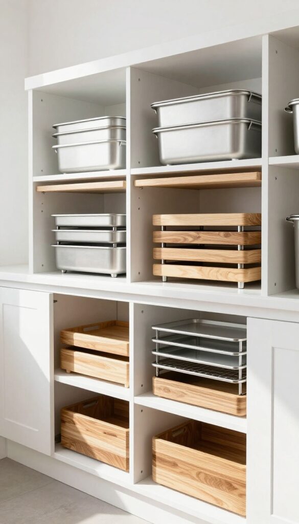 Vertical wooden dividers in a pantry cabinet holding baking sheets and cutting boards upright, neatly organized by size.