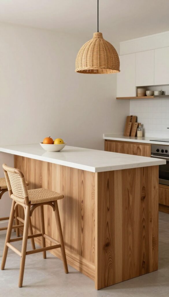 A small kitchen with a high-low breakfast bar featuring a butcher block lower counter and a white quartz raised bar, with a woven runner, fruit bowl, and a pendant light.
