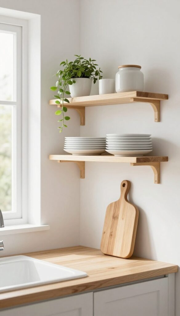 Open shelving in a tiny kitchen with white dishes and a small plant, creating an airy and organized look.