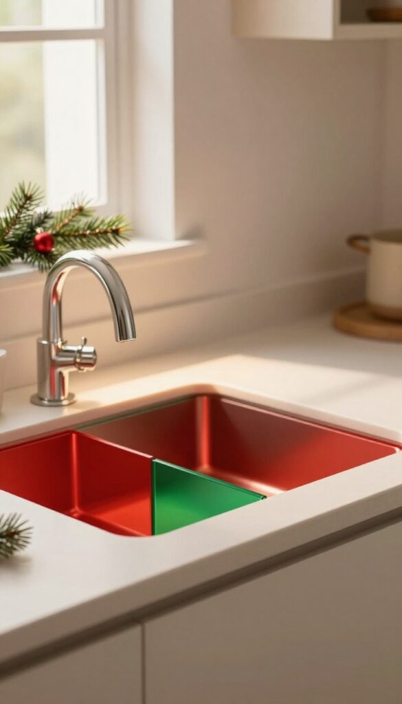Under-cabinet lights with festive red and green covers casting a warm holiday glow on a clean kitchen counter