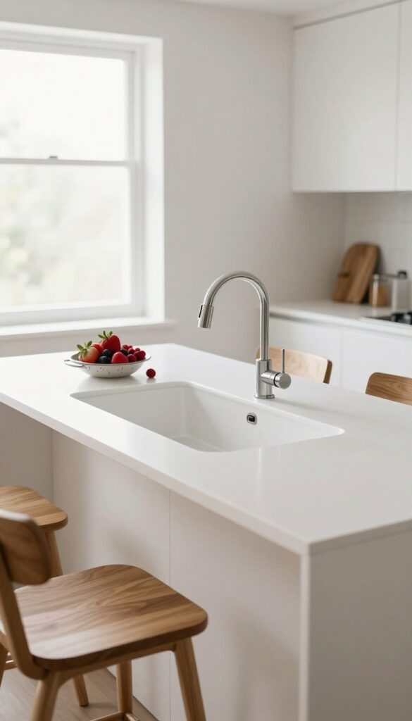 Integrated drainboard sink in a bright kitchen island with berries and colander on the drainboard, gooseneck faucet, natural light.