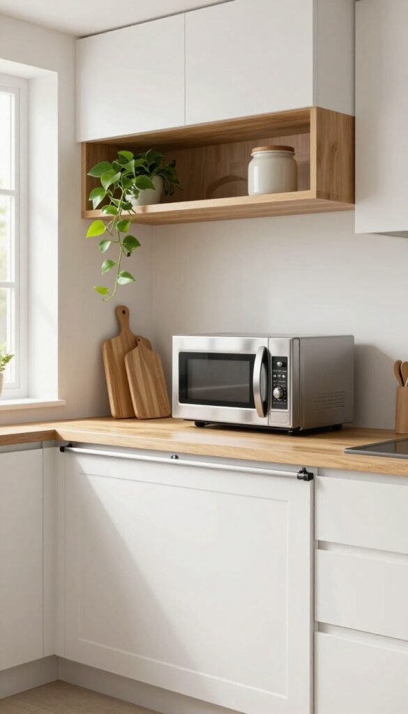 Floating shelf above appliance garage with microwave and minimal decor in a bright kitchen