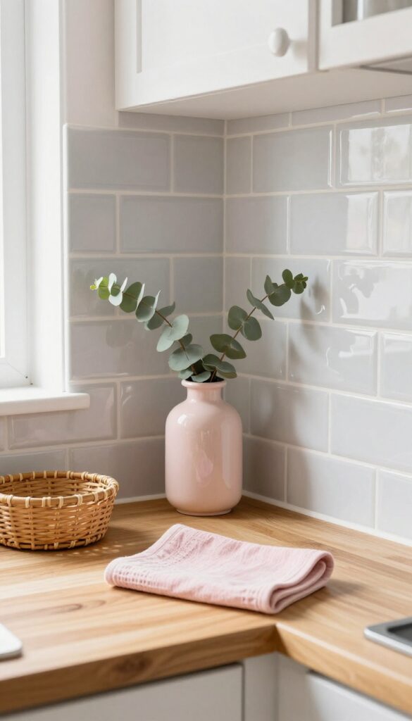 Tiny kitchen with glossy pale gray tile, white cabinets, natural wood cutting board, and blush pink tea towel, bright natural light.