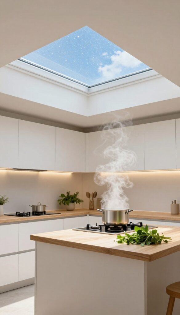 Open ventilated skylight above kitchen island with steam rising from stove, bright natural light, modern kitchen