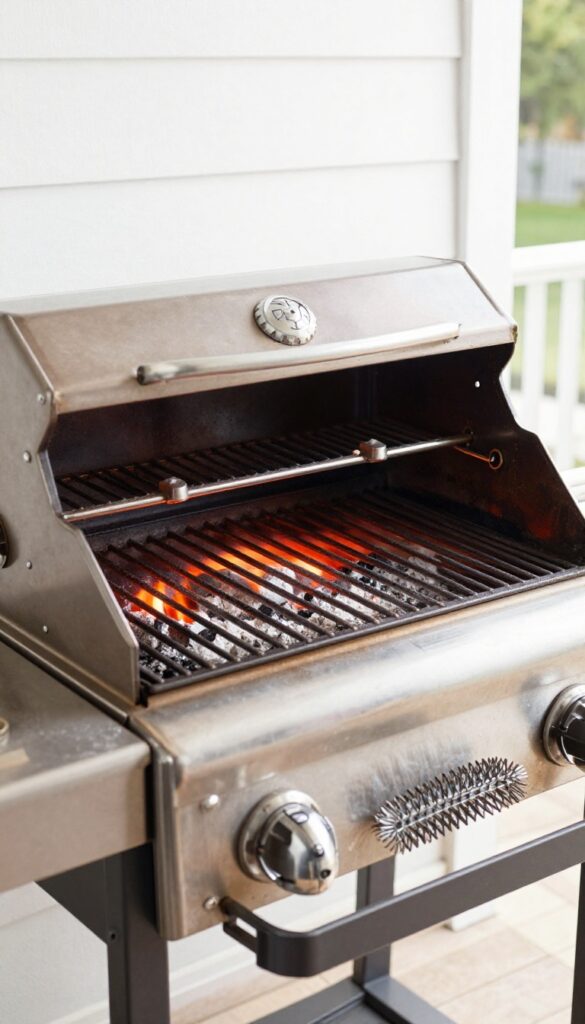 Gas grill with glowing hot grates and white ash after high-heat burn-off