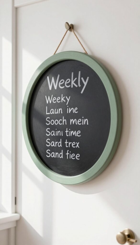 Chalkboard wreath with weekly menu written in chalk, hanging on a pantry door in a bright farmhouse kitchen