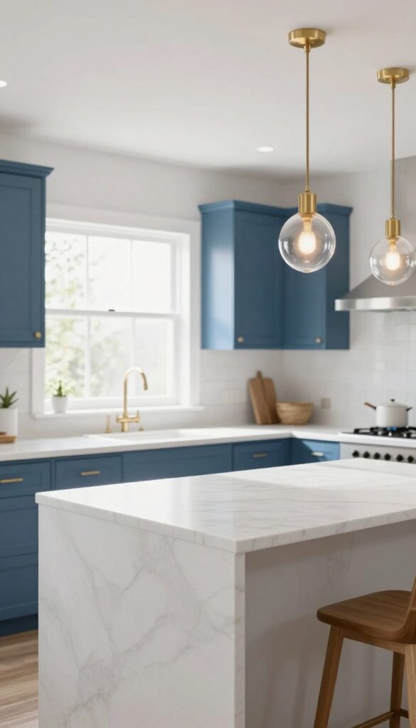 Gold pendant lights over a kitchen island in a blue and gold kitchen with a light and airy feel