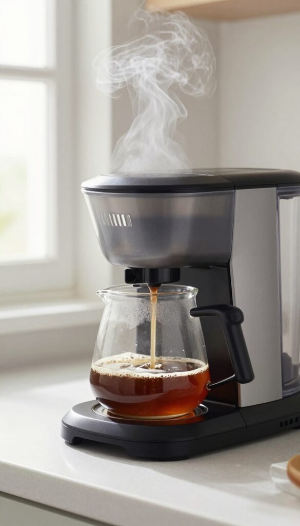 Coffee maker running a brew cycle with vinegar solution and empty filter, steam rising from carafe.