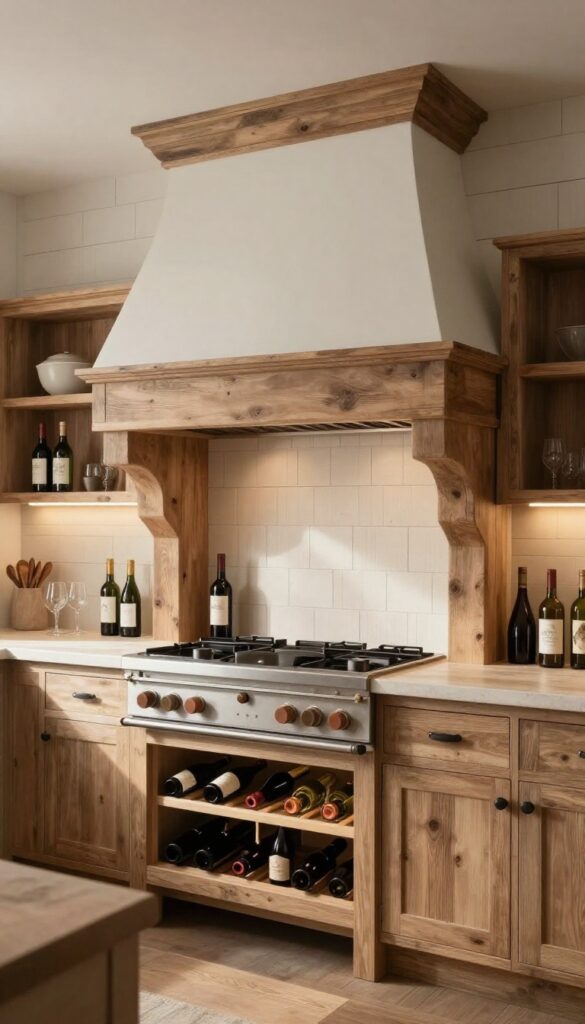 Farmhouse kitchen range hood with built-in wine rack, reclaimed wood, and warm LED lighting