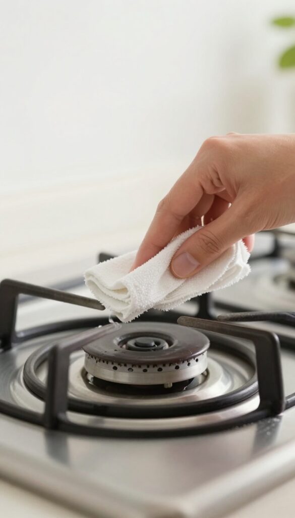 Hand wiping a clean gas stove burner with a damp cloth to prevent grease buildup and clogs