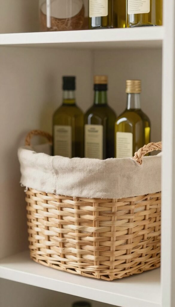 Woven basket with liner holding bulk oil bottles on a pantry shelf, organized and dust-free.