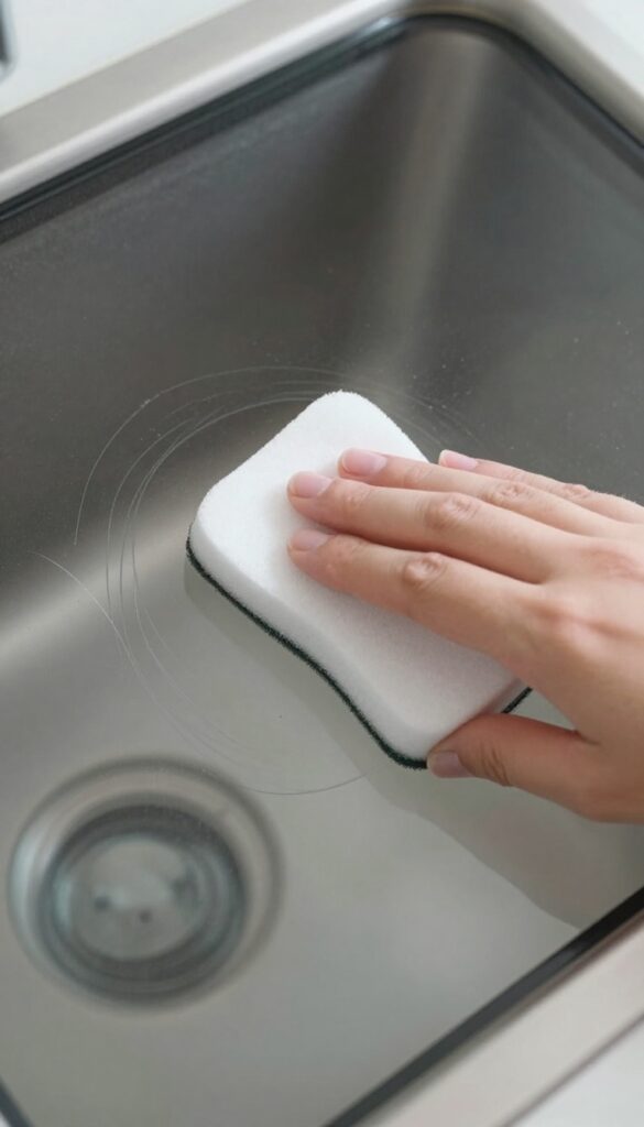 Hand using a Magic Eraser sponge to clean burnt-on residue from oven glass window