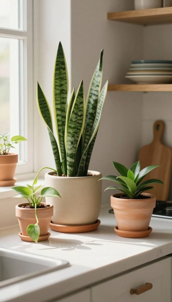 Cozy kitchen countertop with low-light plants in warm ceramic pots, snake plant, pothos, and ZZ plant, natural light, open shelves in background