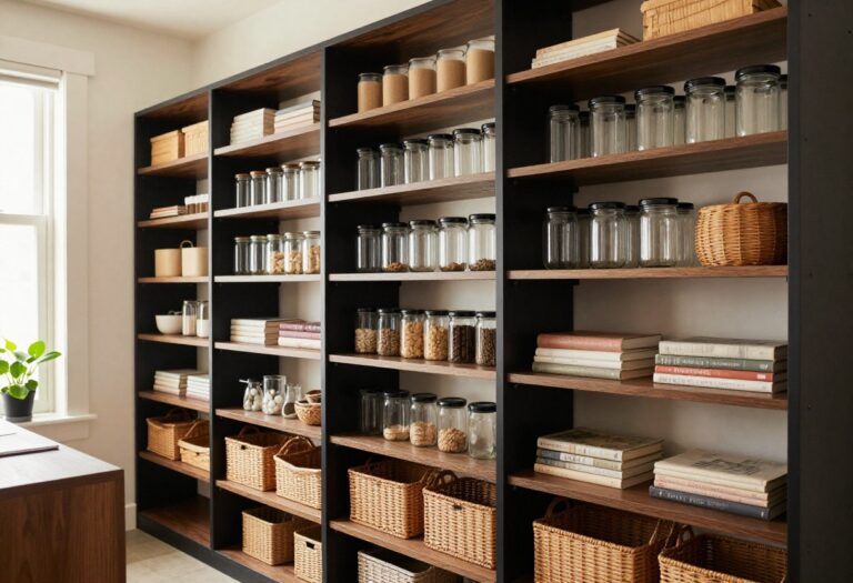 A sleek black pantry with organized shelves, glass jars, and warm wood accents in natural light.