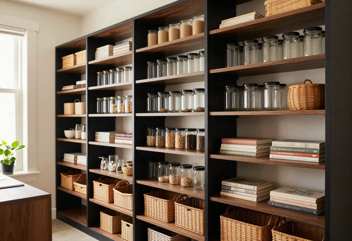 A sleek black pantry with organized shelves, glass jars, and warm wood accents in natural light.