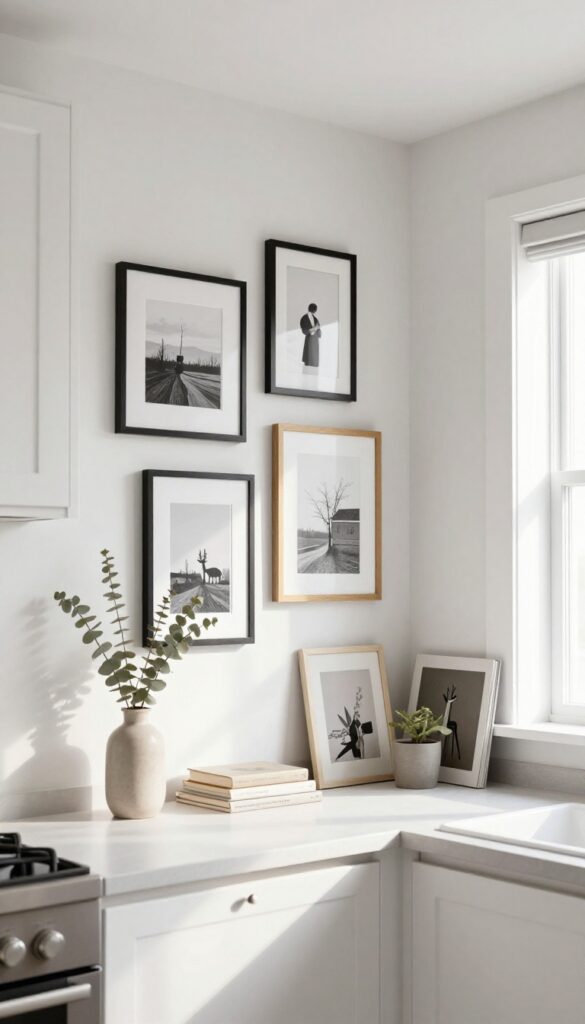Framed art and prints leaning casually on top of upper kitchen cabinets, with a vase and cookbooks, in a bright kitchen.
