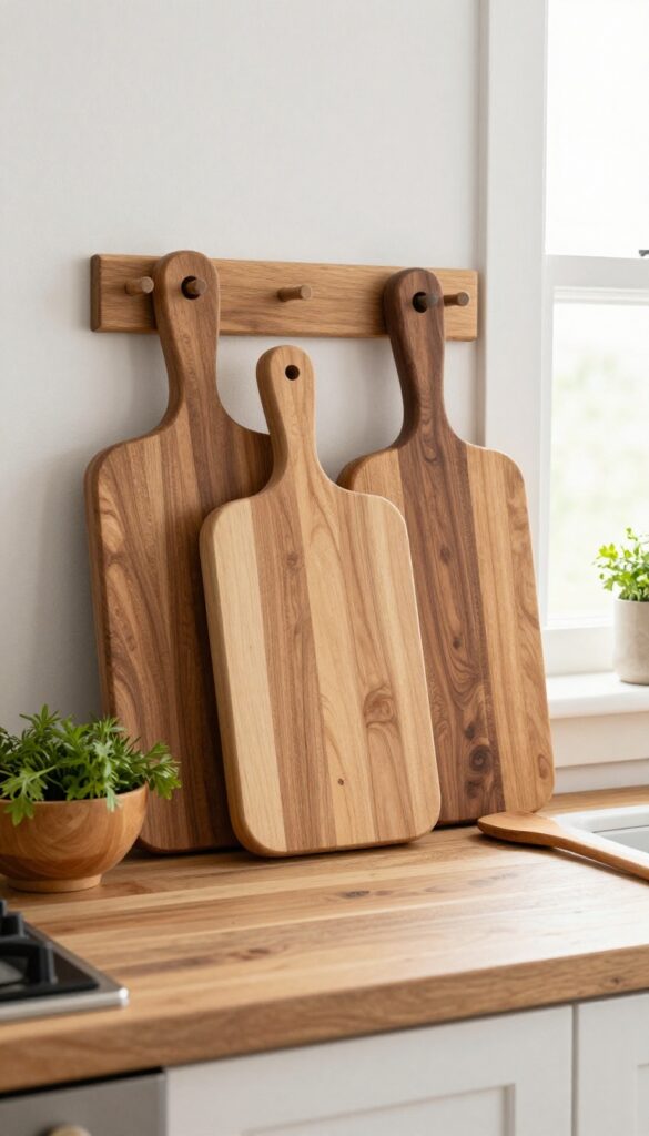 Farmhouse kitchen with a wooden cutting board display on a wall rack and leaning against backsplash, natural wood tones, warm lighting