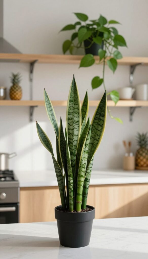 A pothos plant trailing from a high shelf and a snake plant on a countertop in a bright, neutral-toned kitchen.