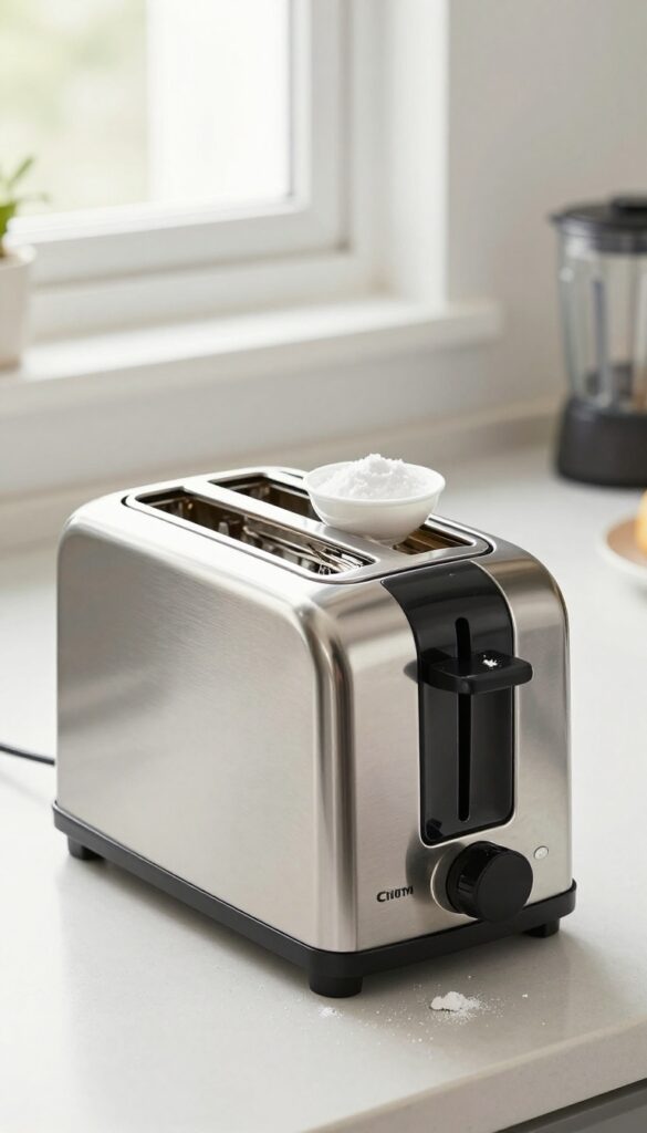 Clean kitchen countertop with a stainless steel toaster, crumb tray, and baking soda bowl, with blender and coffee maker in background