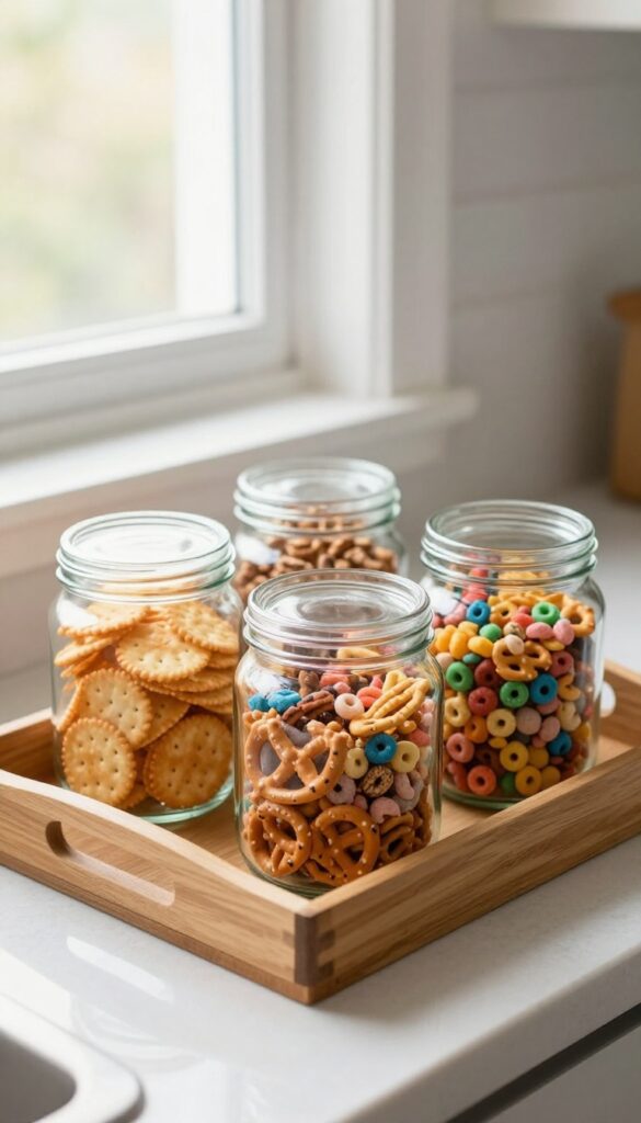 Wooden tray with clear glass jars filled with colorful snacks on a kitchen counter
