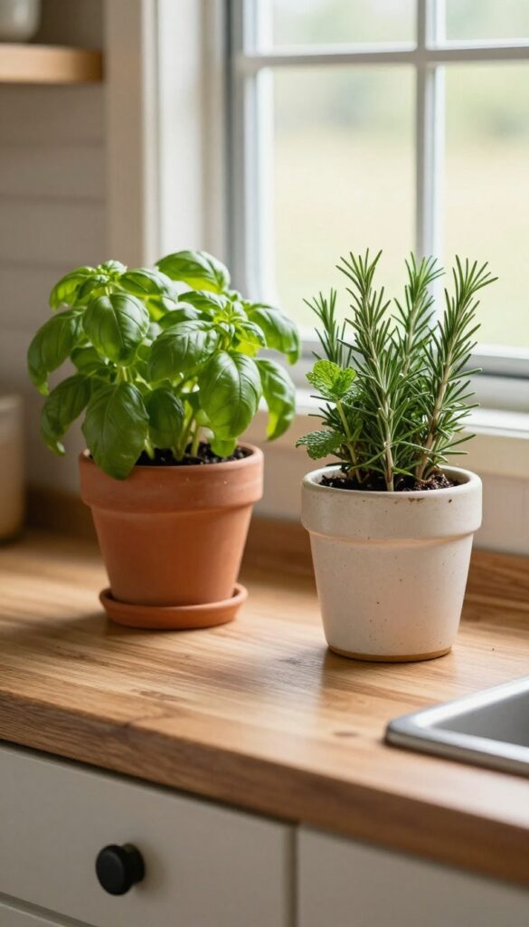 Camper kitchen counter with small herb garden in terracotta pots, natural light, cozy atmosphere