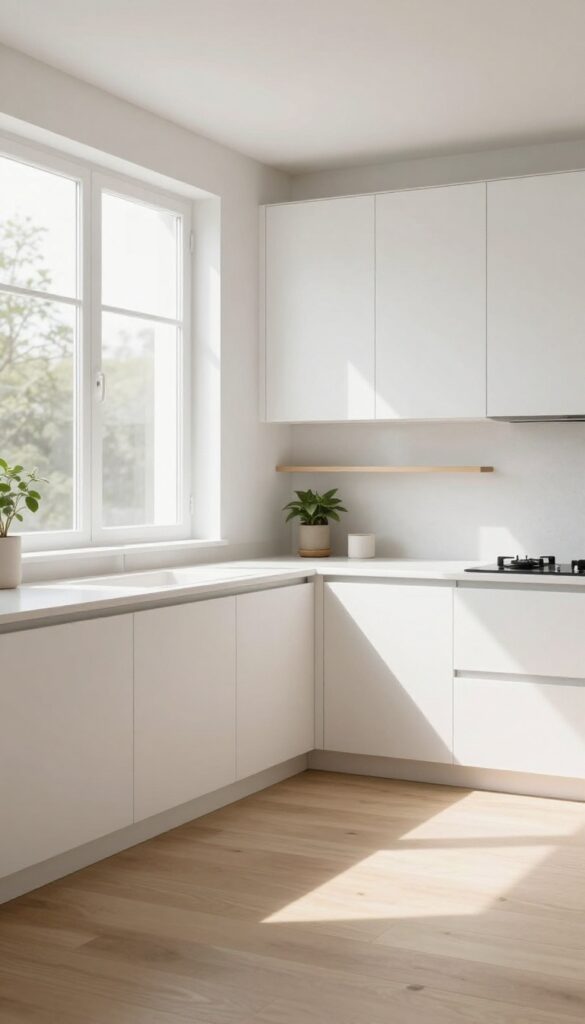 Long narrow kitchen with cabinets on one wall only, opposite wall with slim counter and open shelves, bright natural light, airy feel