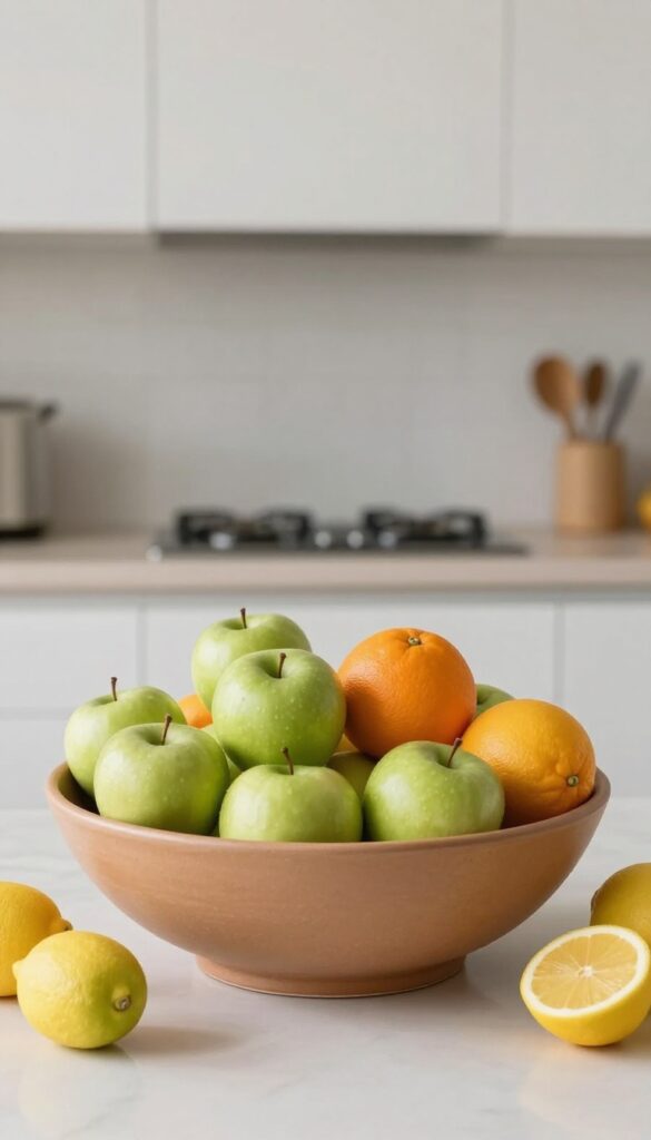 Modern clay fruit bowl with colorful apples and oranges on a kitchen counter