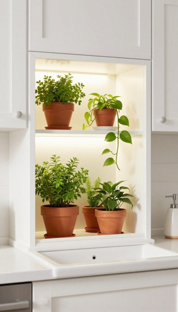 Glass-front IKEA cabinet above sink with small potted herbs and trailing pothos, natural light, clean kitchen