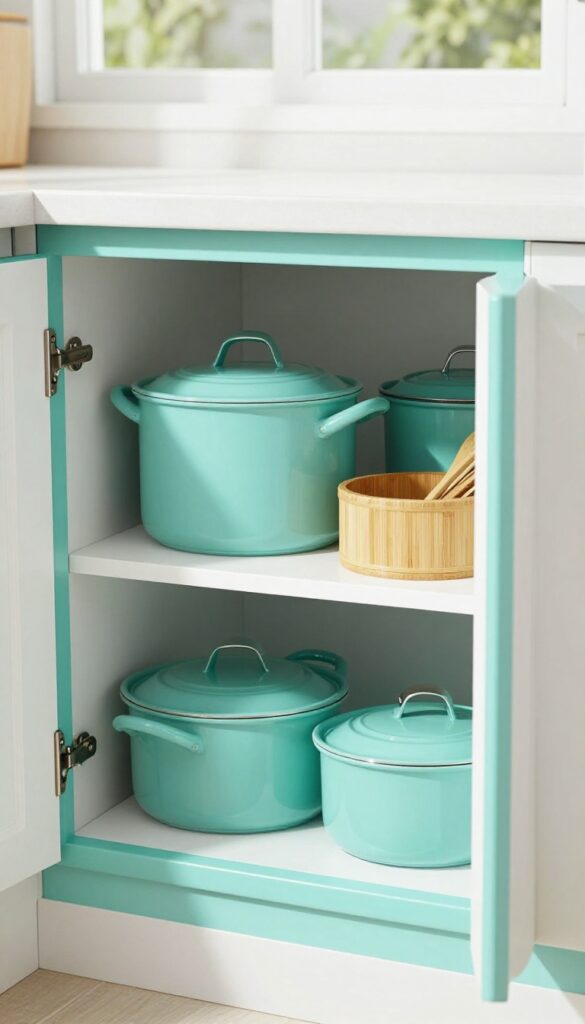 Open corner cabinet with a turquoise lazy Susan holding pots and pans, organized and bright.